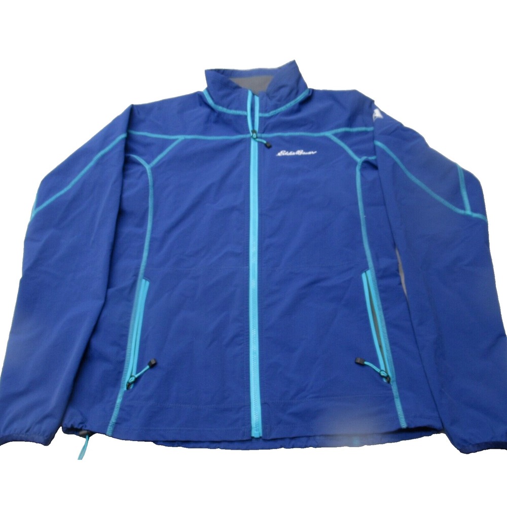 Eddie Bauer Rain Jacket Women Medium Blue Adjustable Full Zip Stretch Wind Rain